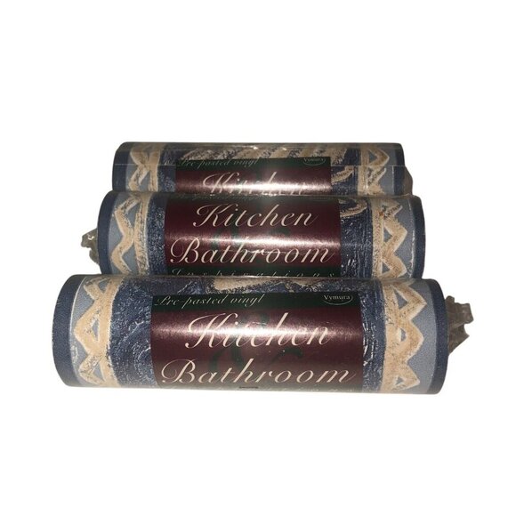 VYMURA "Marsala" 3 Rolls Shades Blue & Beige Leaf Design Vinyl Wallpaper Border - Picture 1 of 6